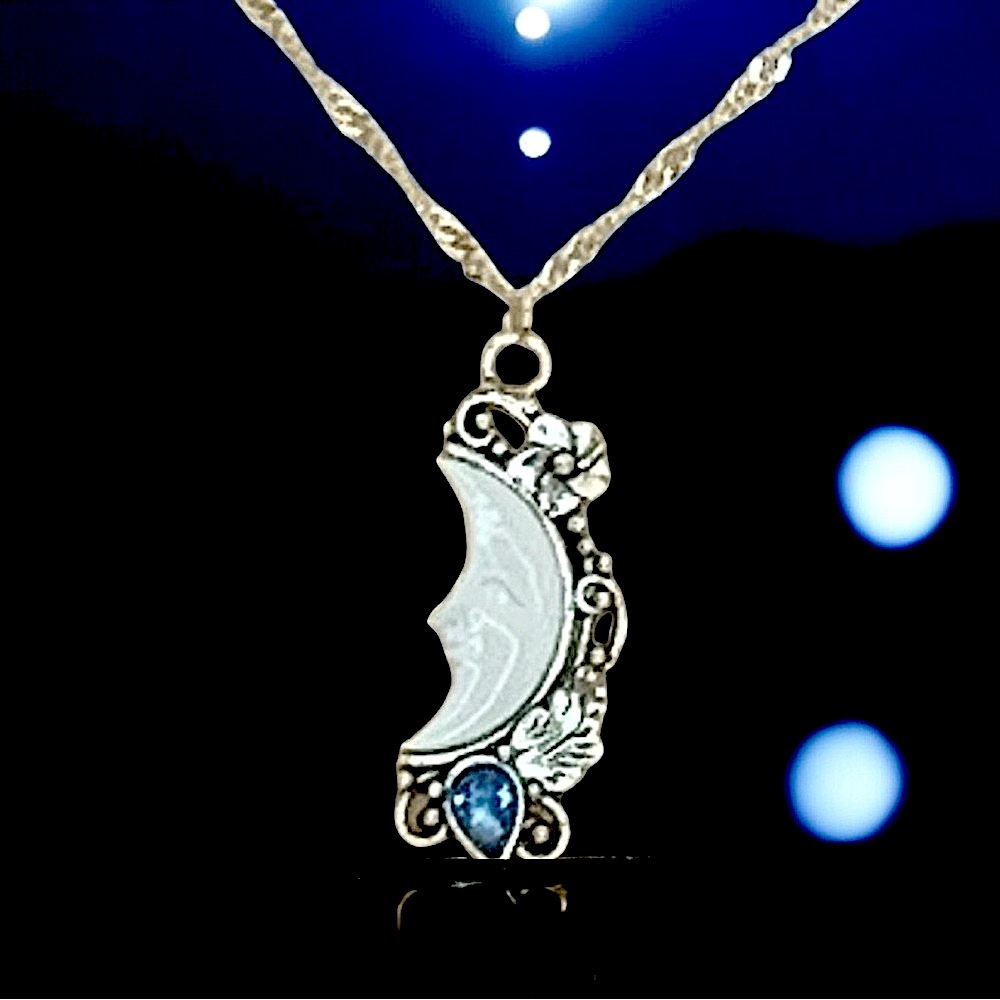 Moon Silver, White, & Blue Pendant Necklace - Picture 3 of 4